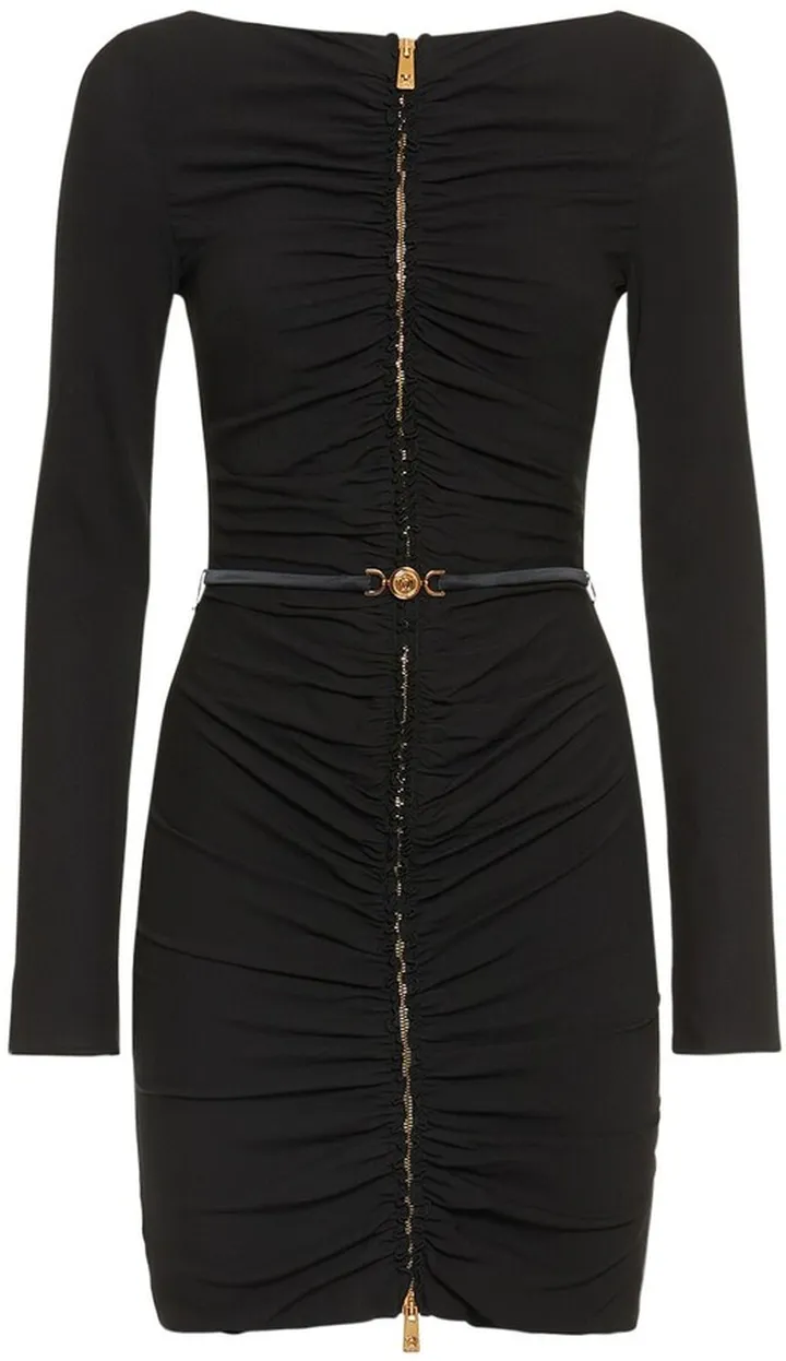 Draped viscose belted jersey mini dress