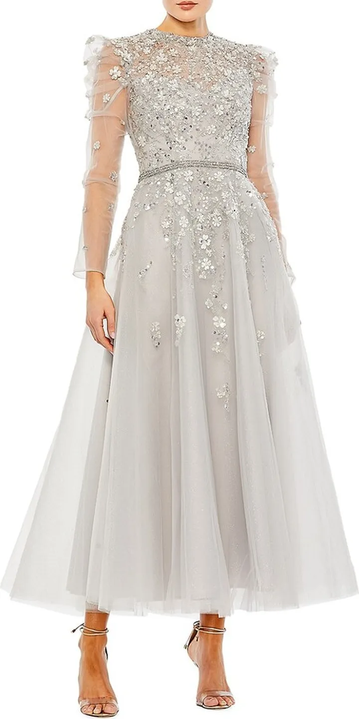 Embellished Gathered Long-Sleeve A-Line Gown