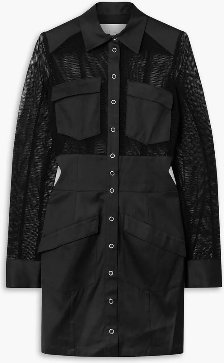 Paneled twill and mesh mini shirt dress