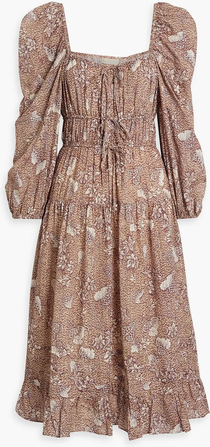 Gathered printed cotton-blend voile dress