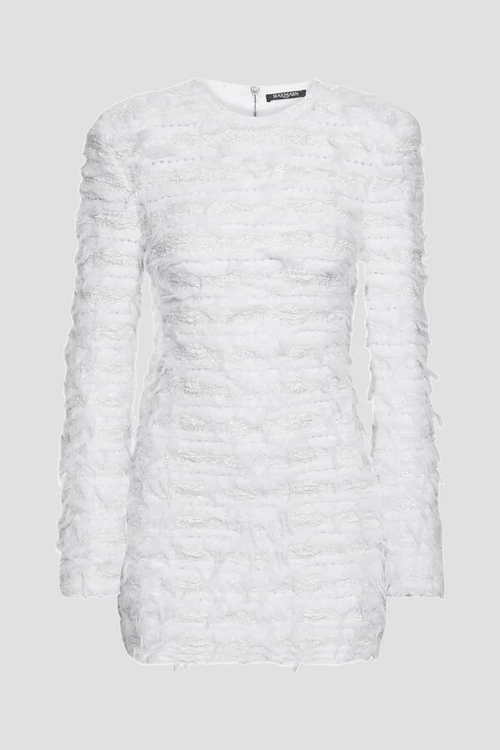 Frayed metallic bouclé-knit mini dress