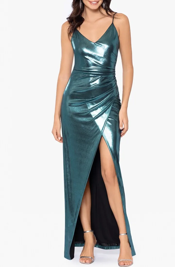 Ruched Lamé Sheath Gown