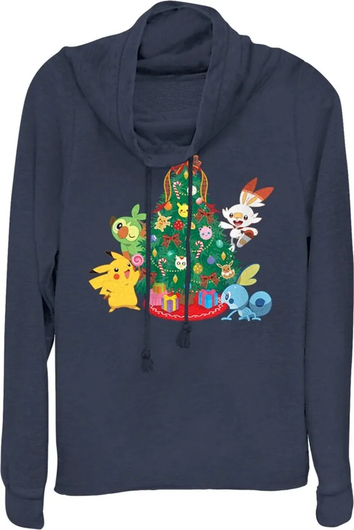 Junior's Pokemon Christmas Tree Friends Cowl Neck Sweatshirt - Navy Blue - X Small
