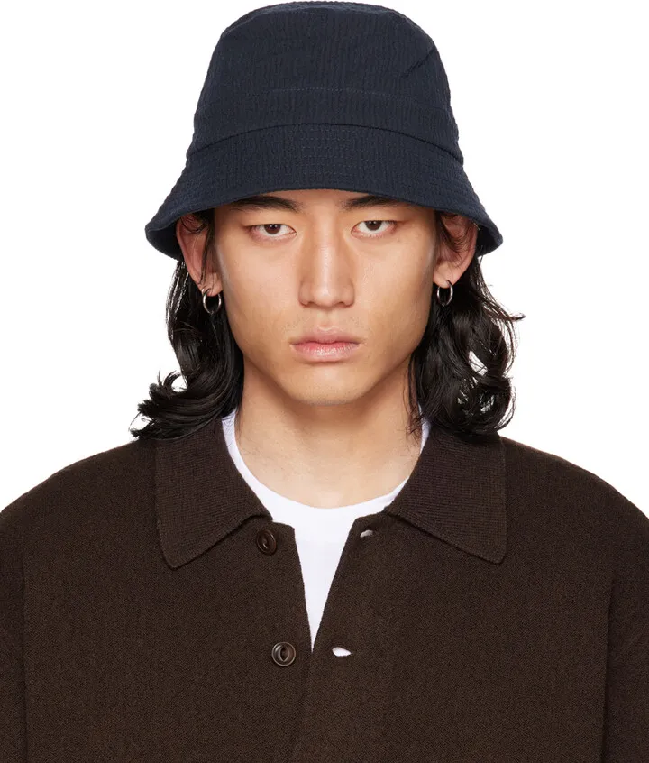 YMC Navy Seersucker Bucket Hat