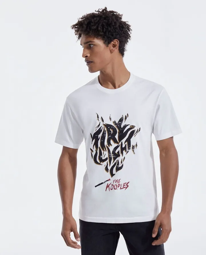 Ecru cotton T-shirt with rock-style motif