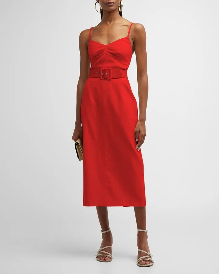 Aryelle Sleeveless Belted Linen Midi Dress