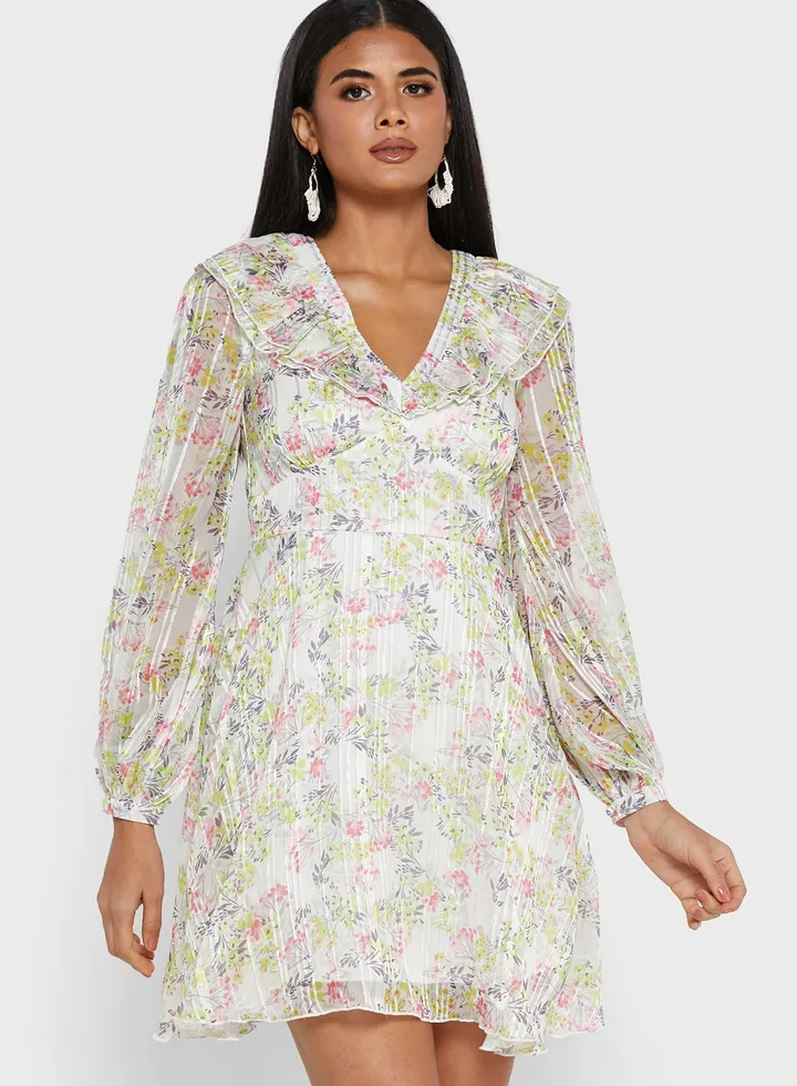 Puff Sleeve Floral Print Dress