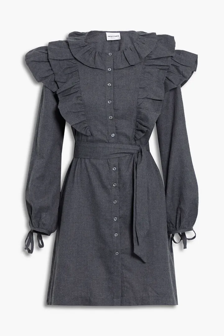 Lova belted ruffled cotton-flannel mini dress