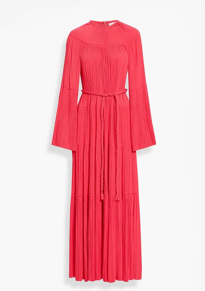 Tiered plissé-woven maxi dress