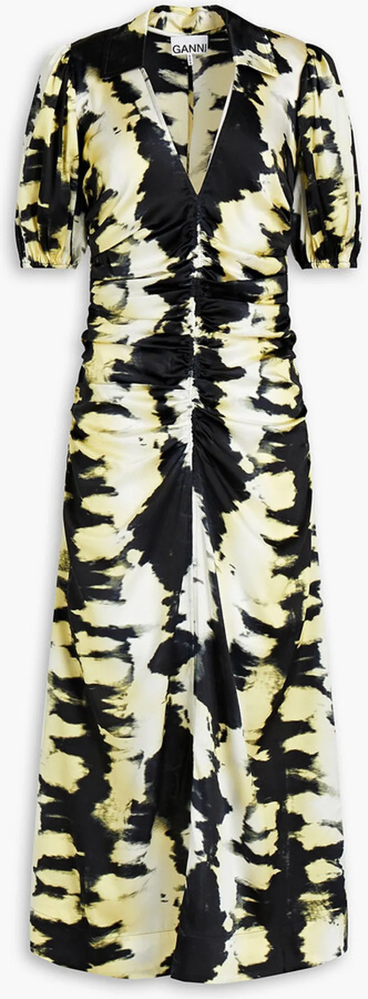 Ruched printed stretch-silk satin midi dress