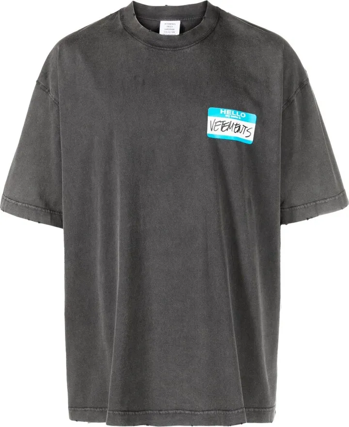 Black Cotton Nametag Print T-Shirt