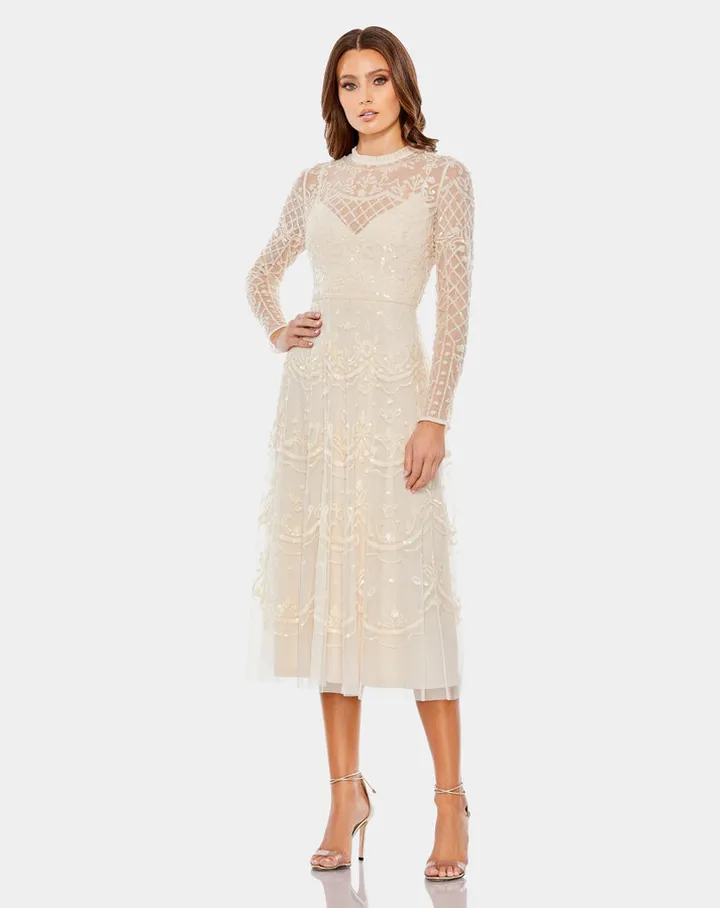 Sequined Illusion High Neck Long Sleeve Midi Dress