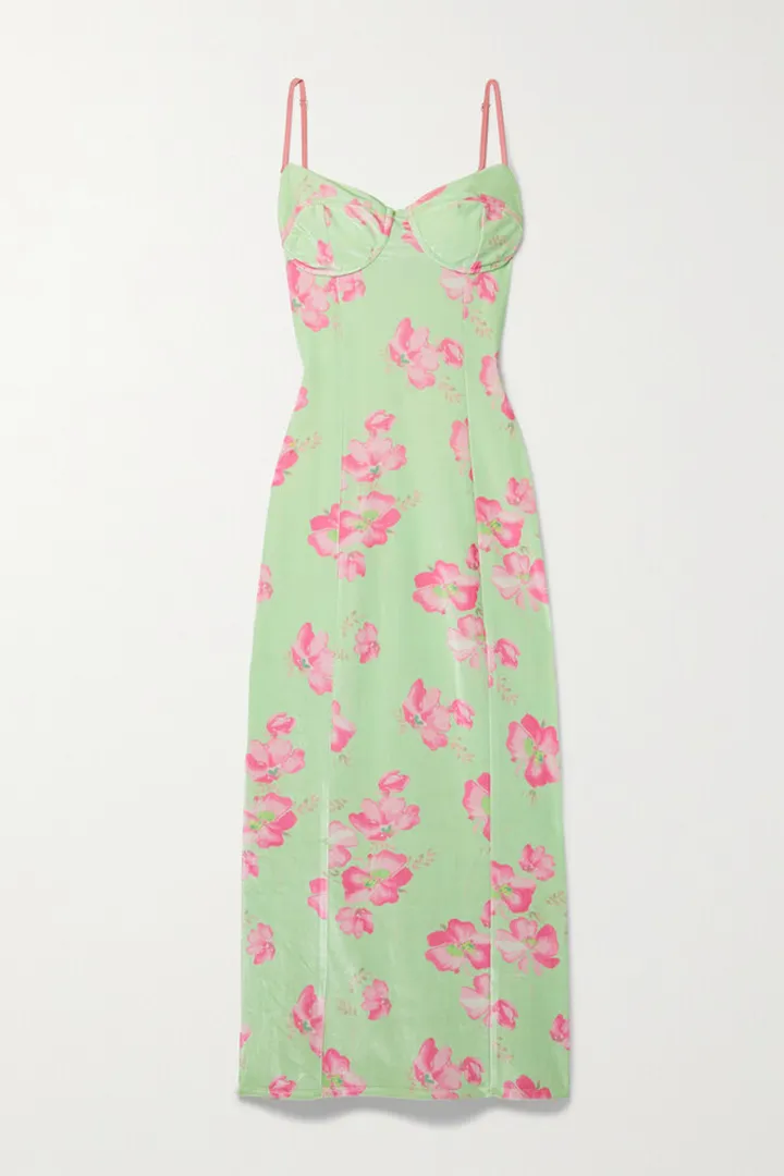 LoveShackFancy - Sima Floral-print Velvet Midi Dress - Yellow