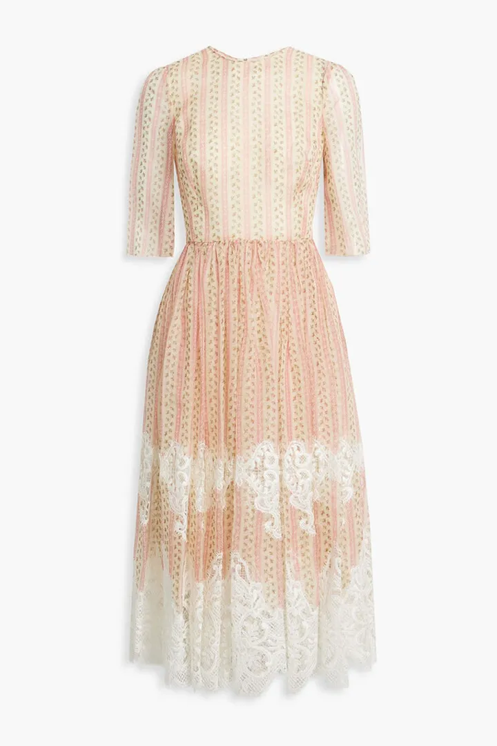 Lace-trimmed printed silk-blend organza midi dress