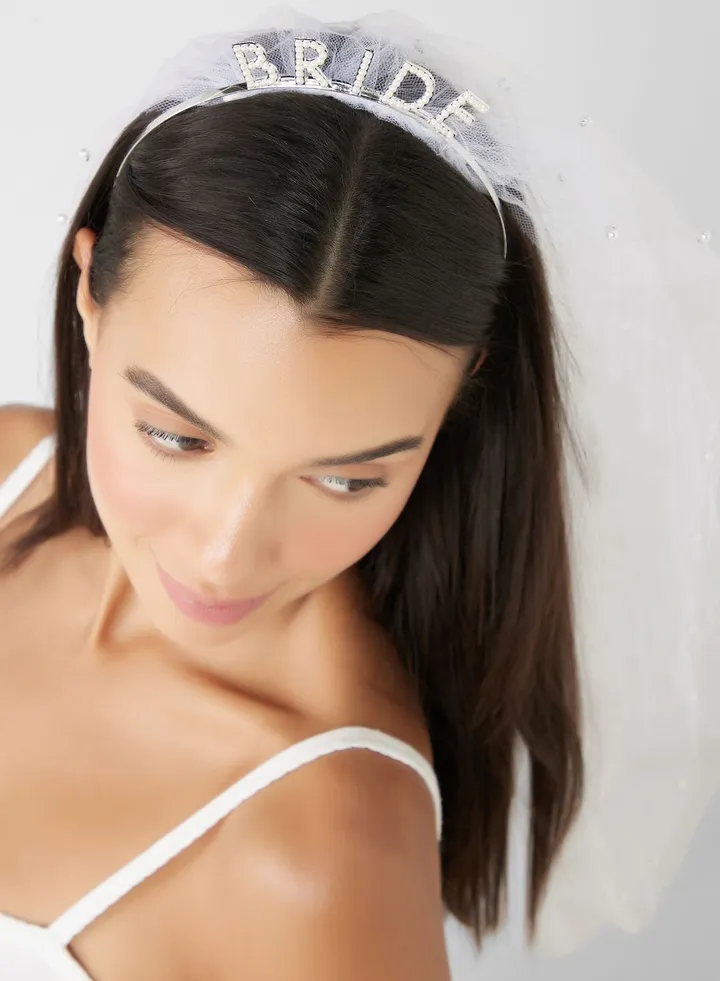Headband With Veil - The Bride - Silver With Pearls