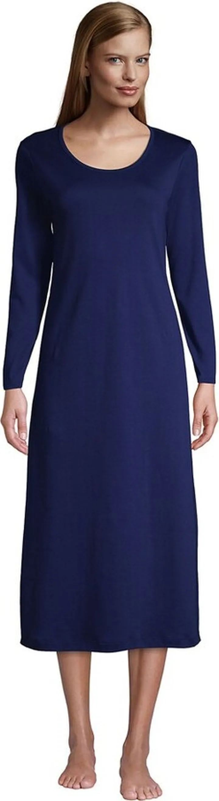 Lands' End Women's Tall Supima Cotton Long Sleeve Midcalf Nightgown - Large Tall - Deep Sea Navy