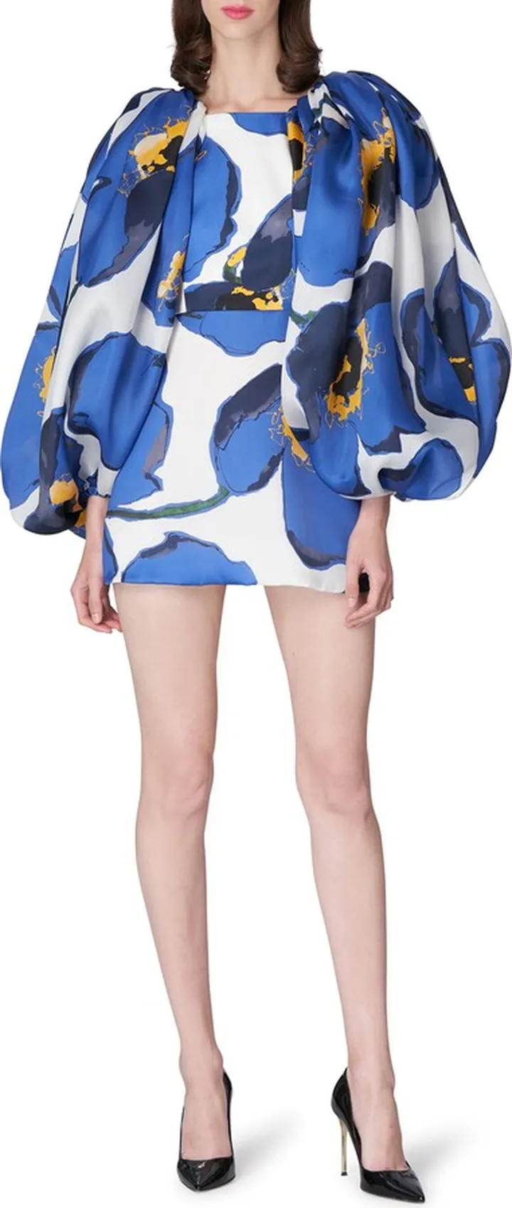 Floral Balloon Long Sleeve Silk Minidress