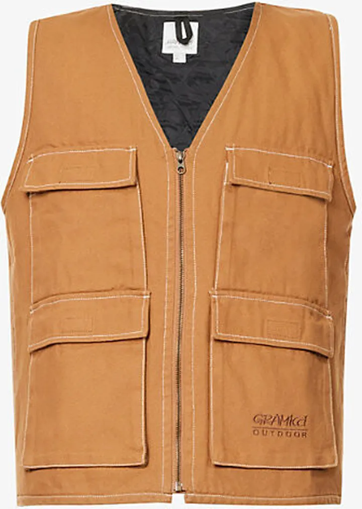 Mens Brown Brand-embroidered Flap-pocket Cotton-canvas Gilet