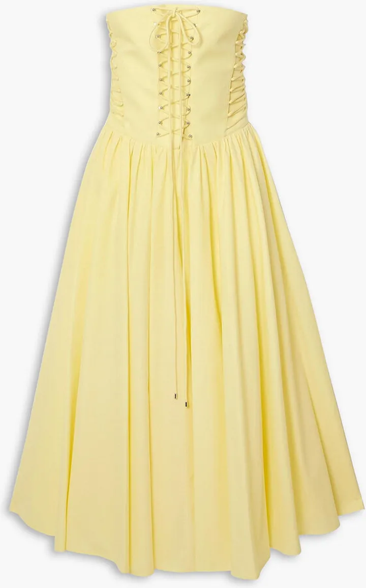 Strapless lace-up cotton-poplin midi dress