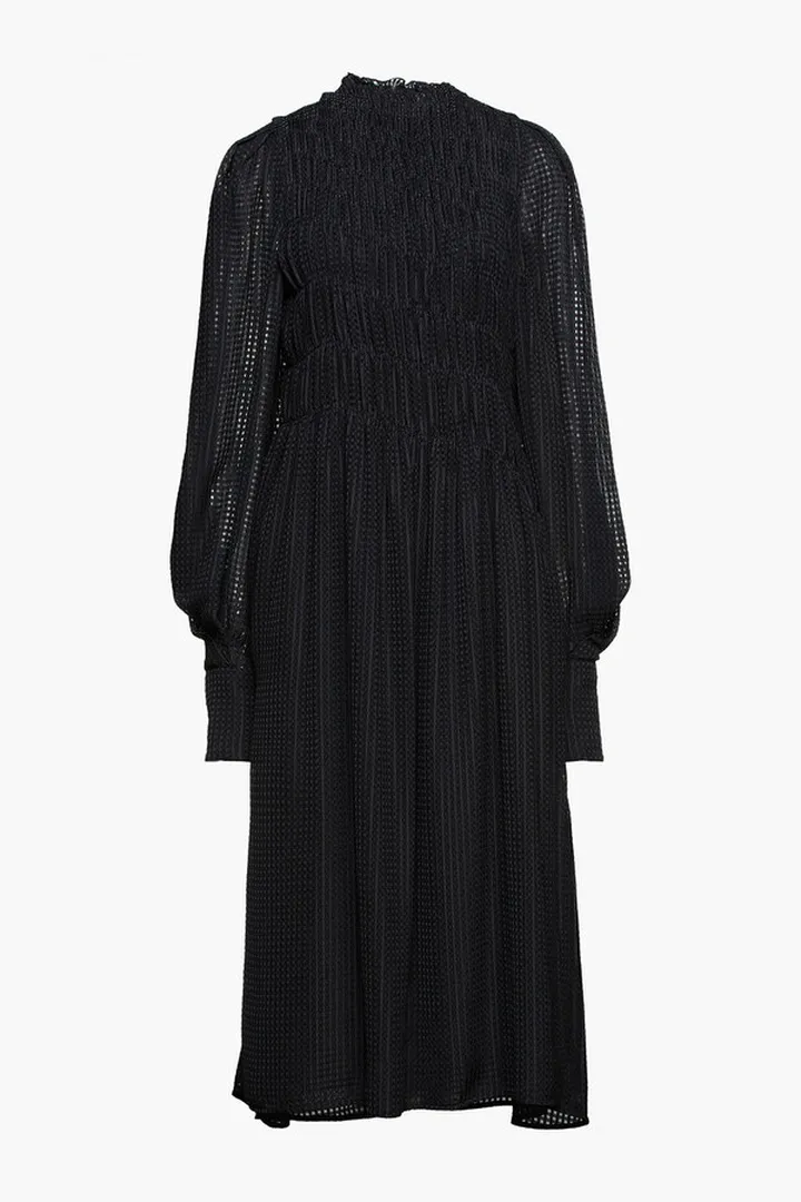 Shirred checked jacquard midi dress