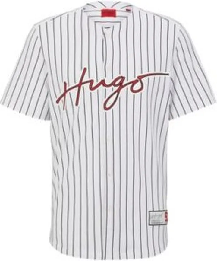 Relaxed-fit collarless shirt in striped cotton with logo