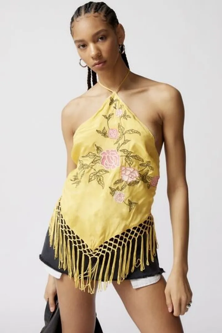 UO Rose Garden Fringe Halter Top