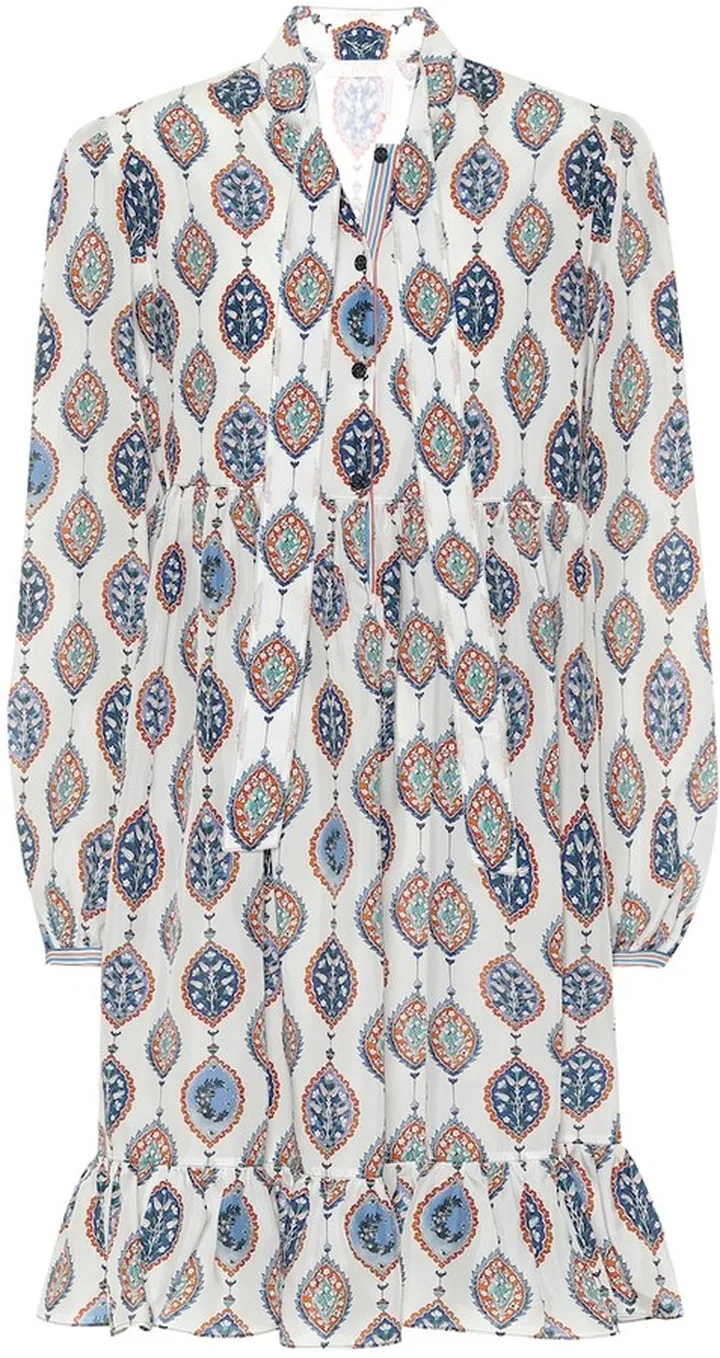Printed habutai-silk tie-neck minidress