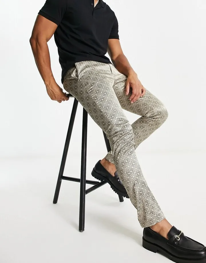 ASOS DESIGN skinny smart pants in retro brown monogram print