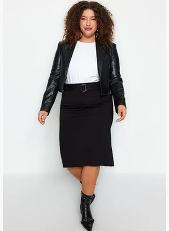 Black Pencil Knitted Skirt With A Belt TBBAW24AZ00040