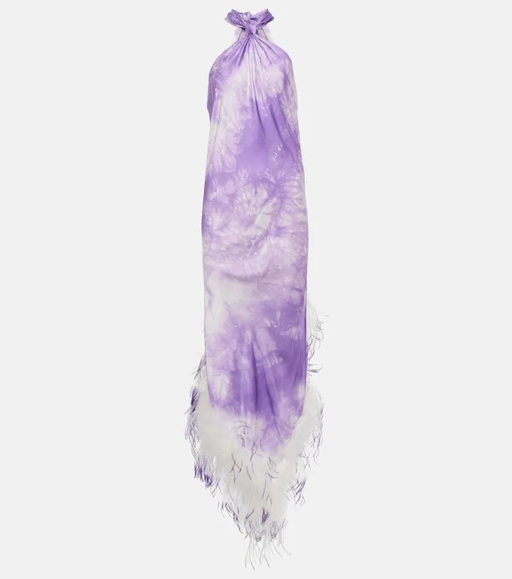 Feather-trimmed tie-dye maxi dress