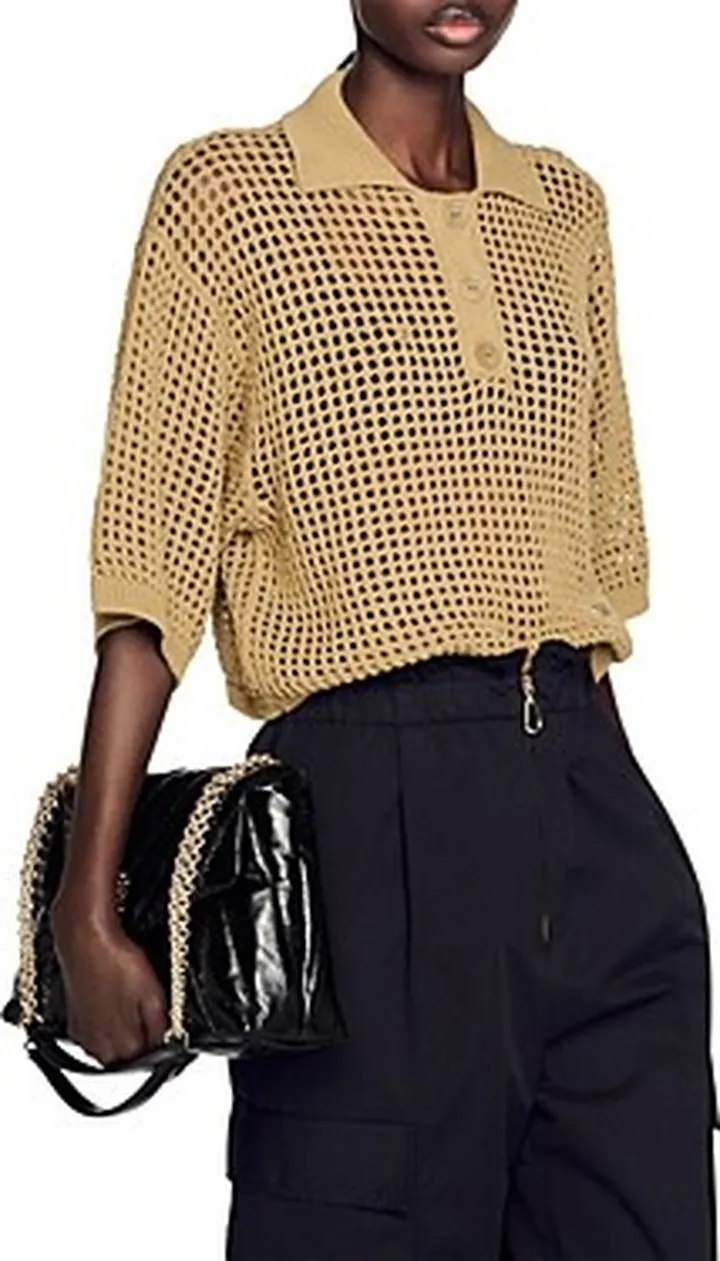 Sandro Anis Cropped Crochet Polo Top