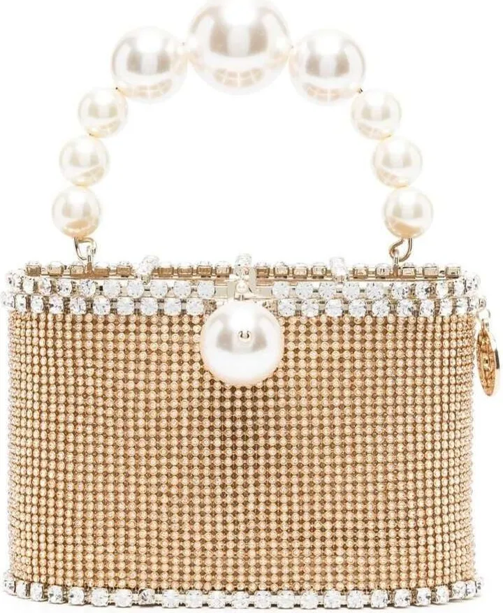 'holli Luce' Beige Handbag With Pearl Handle And All-over Crystal In Fabric And Brass Woman