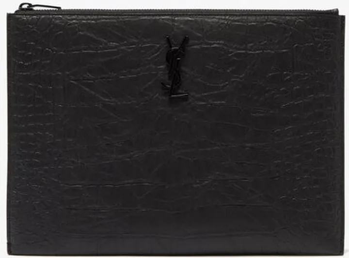 Ysl-plaque Crocodile-effect Leather Pouch