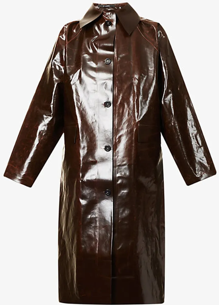 Womens Dark Brown ingle-breasted Faux-leather Coat
