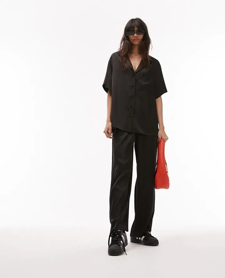 Topshop satin short sleeve shirt in black