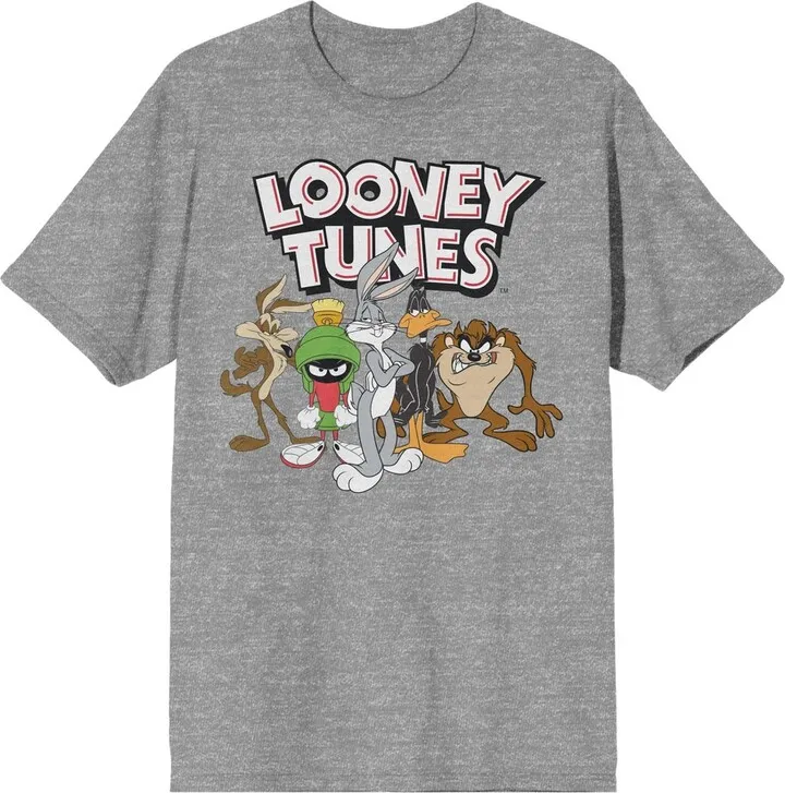 Looney Tunes Character Group With Logo Crew Neck Short Sleeve Athletic Heather Men’s T-shirt-Small