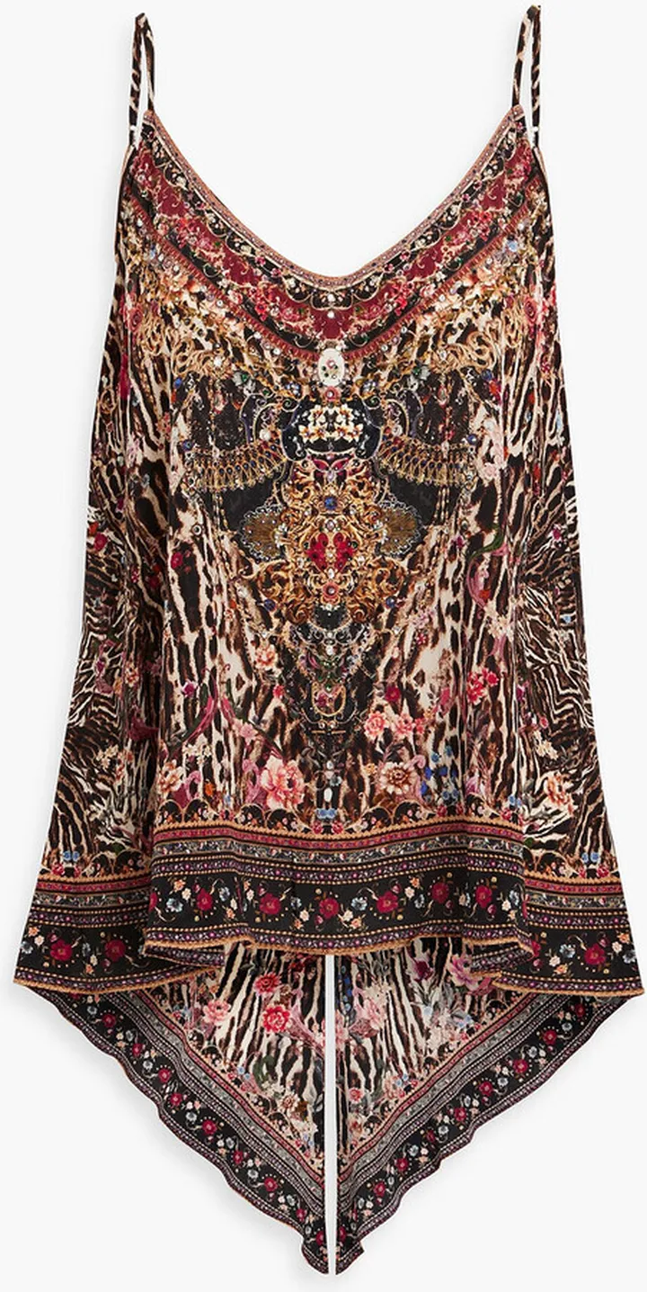 Crystal-embellished printed silk camisole