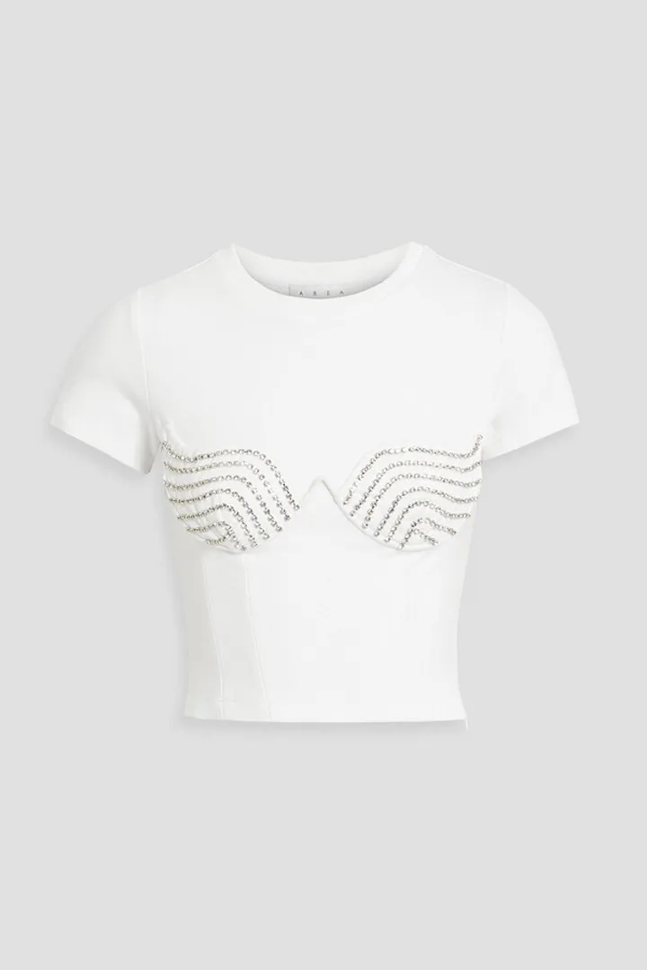 Cropped crystal-embellished jersey T-shirt