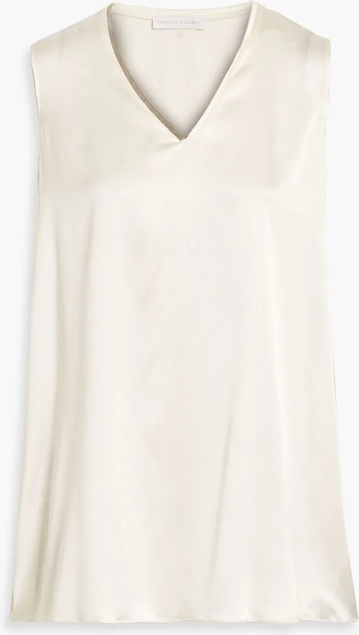 Bead-embellished silk-blend satin tank