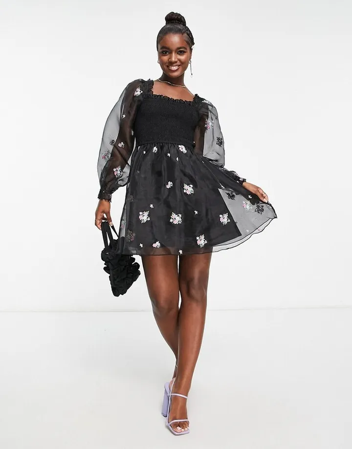 Miss Selfridge shirred organza mini dress with embroidery in black