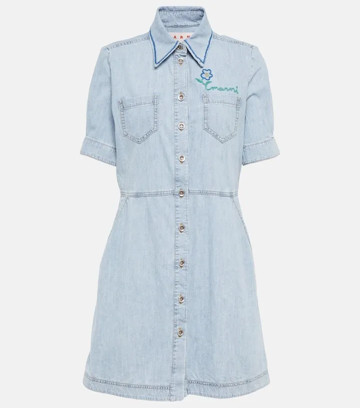 Embroidered cotton chambray shirt dress