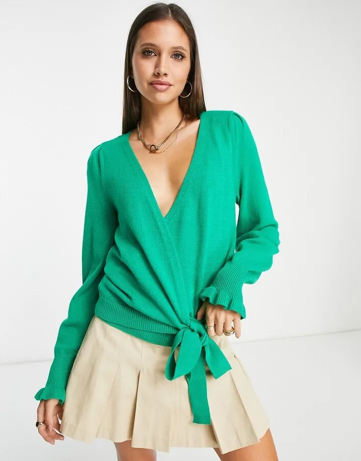 Vila frill detail wrap cardigan in green