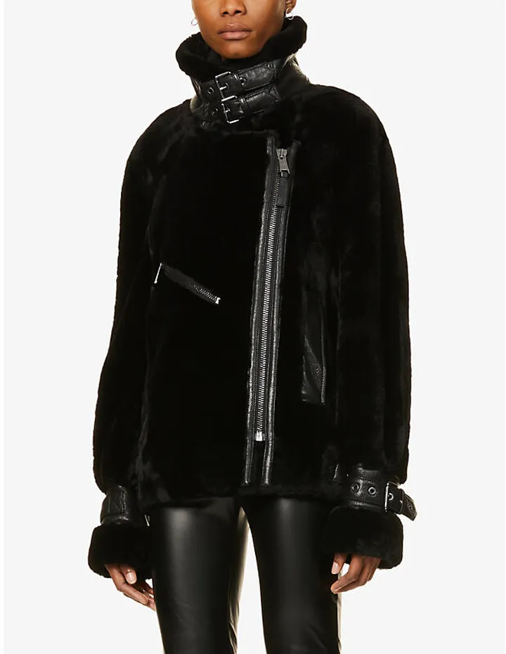 Womens Black Greenwich hearling Biker Jacket