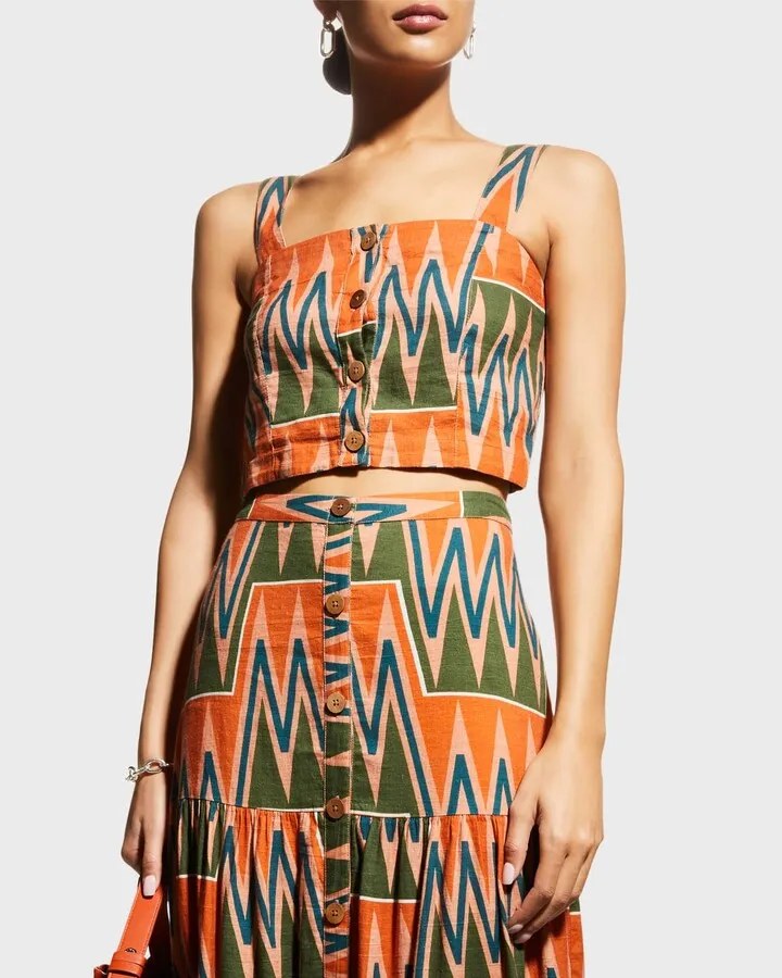 Tiffany Abstract Button-Front Cropped Tank Top
