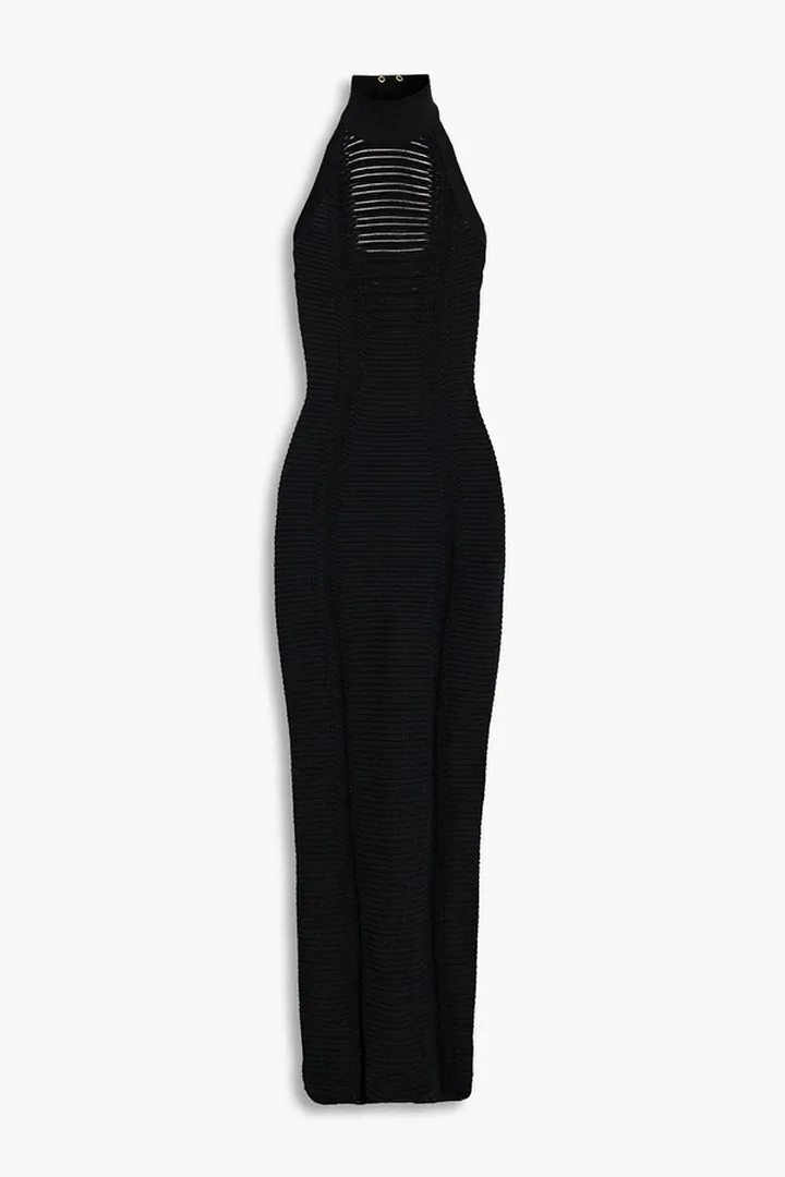 Burnout-effect knitted halterneck maxi dress