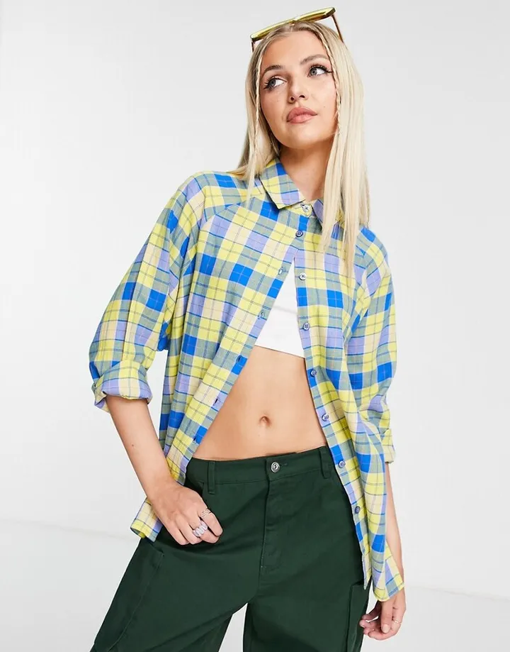 ASOS DESIGN long sleeve boyfriend shirt in bright yellow & blue check