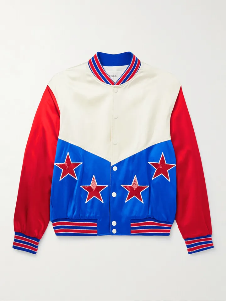 Teddy Americana Panelled Sequin-Embellished Satin Bomber Jacket