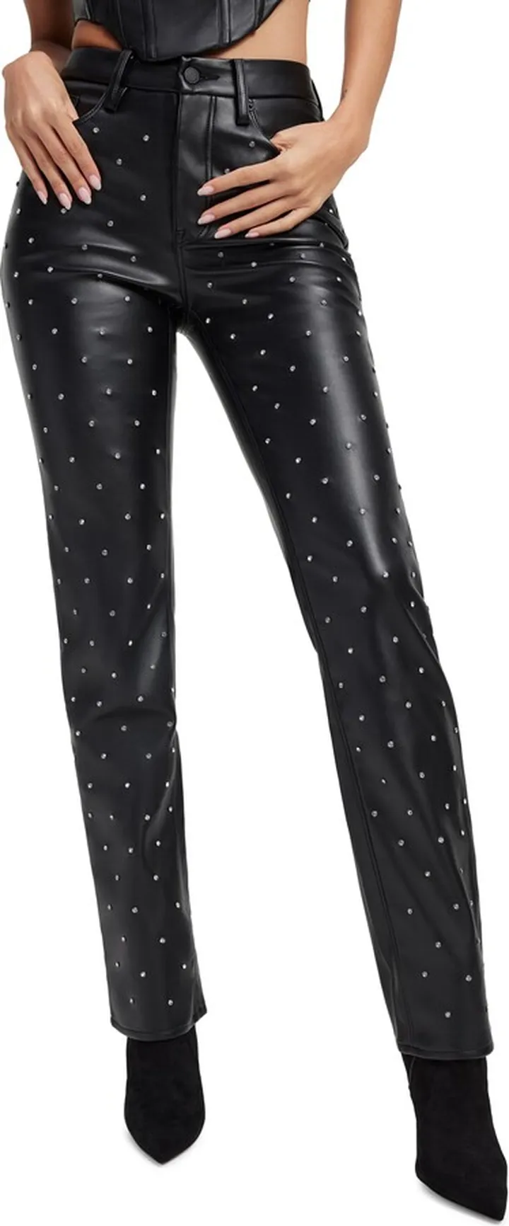 Good Icon Crystal Embellished Faux Leather Straight Leg Pants