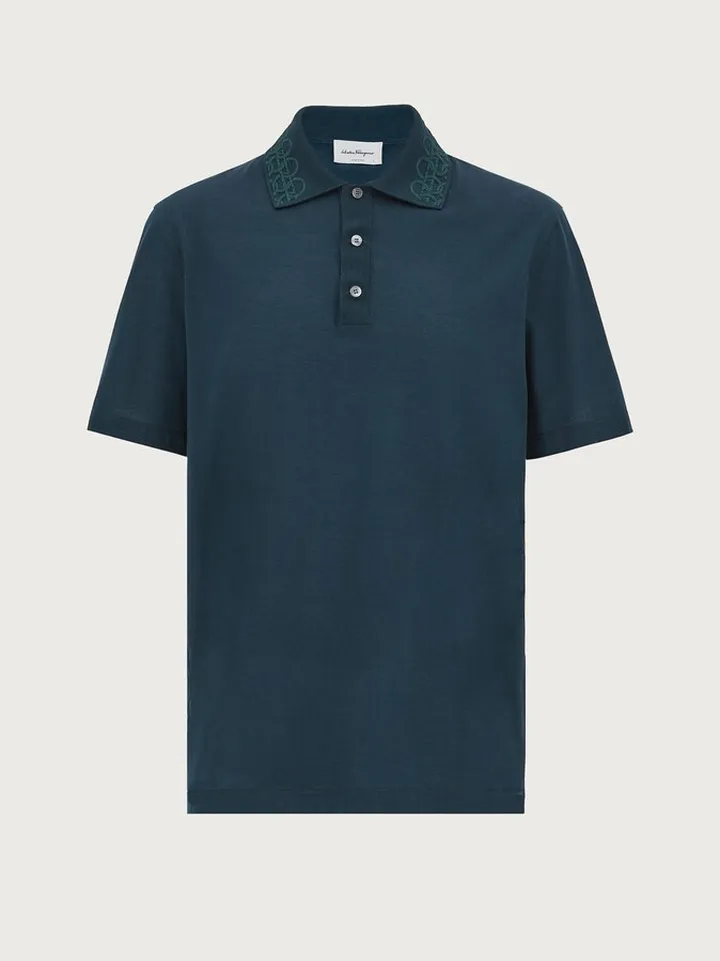 Ferragamo Men Polo with embroidered collar Blue