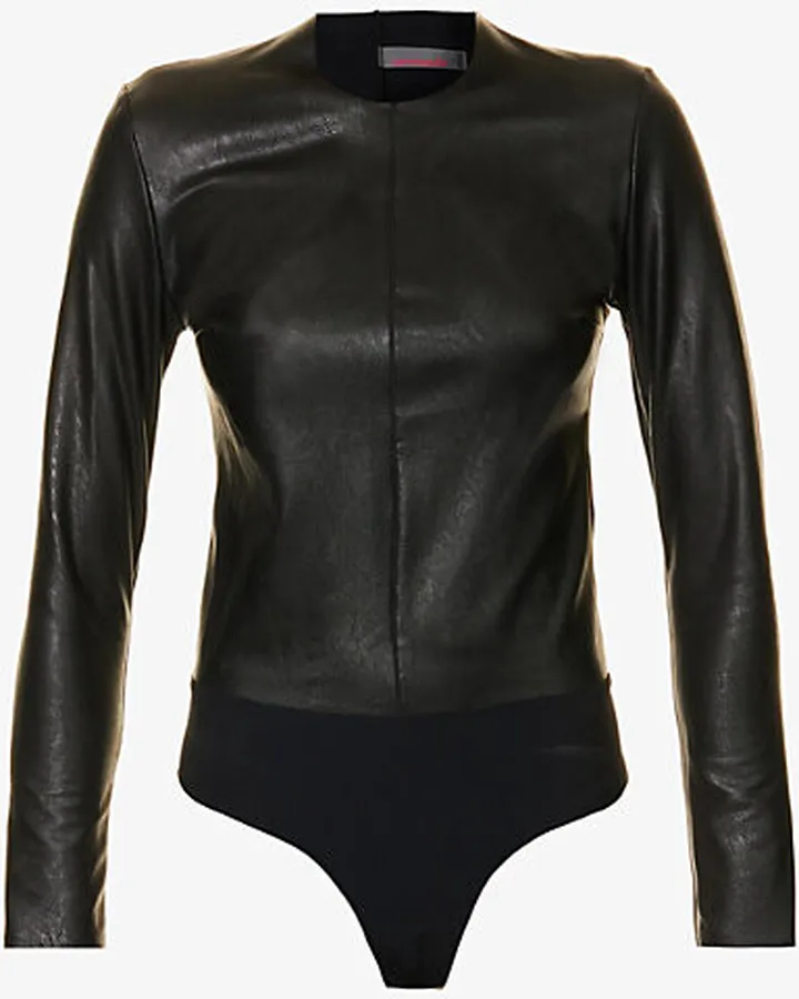 Womens Black Round-neck Long-sleeved Faux-leather Body